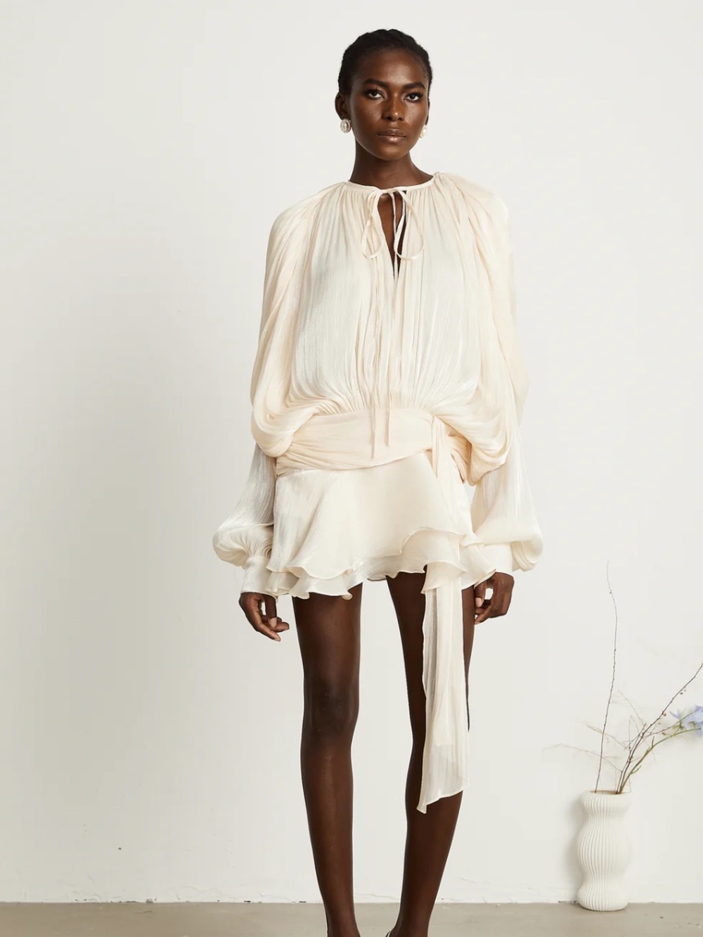 Women's Cream Pleated Tie-Neck Dress - Picture 10 of 14